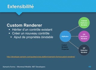 42Xamarin.Forms – Montreal Mobile .NET Developers
Extensibilité
Custom Renderer
 Hériter d’un contrôle existant
 Créer un nouveau contrôle
 Ajout de propriétés bindable
http://developer.xamarin.com/guides/cross-platform/xamarin-forms/custom-renderer/
 