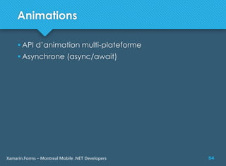 54Xamarin.Forms – Montreal Mobile .NET Developers
Animations
 API d’animation multi-plateforme
 Asynchrone (async/await)
 