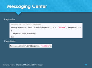 58Xamarin.Forms – Montreal Mobile .NET Developers
Messaging Center
Page maître:
Page détails:
 