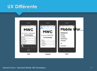 6Xamarin.Forms – Montreal Mobile .NET Developers
UX Différente
 