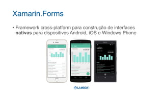Xamarin.Forms
• Framework cross-platform para construção de interfaces
nativas para dispositivos Android, iOS e Windows Phone
 