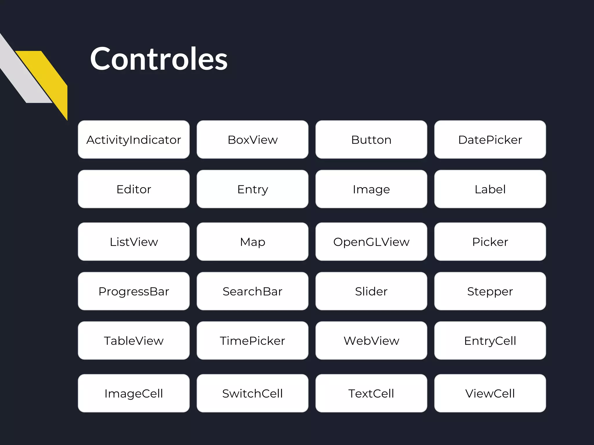 Controles
ActivityIndicator
Editor
ListView
ProgressBar
TableView
BoxView
Entry
Map
SearchBar
TimePicker
Button
Image
OpenGLView
Slider
WebView
DatePicker
Label
Picker
Stepper
EntryCell
ImageCell SwitchCell TextCell ViewCell
 