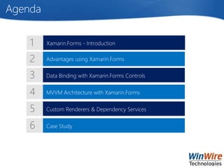 Agenda
Data Binding with Xamarin.Forms Controls
Advantages using Xamarin.Forms
MVVM Architecture with Xamarin.Forms
Custom Renderers & Dependency Services
Xamarin.Forms - Introduction
Case Study
 