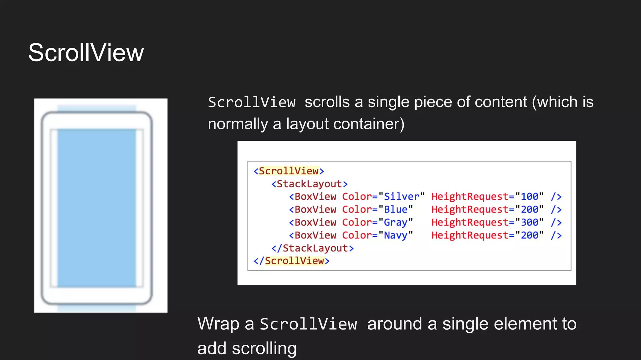 ScrollView
ScrollView scrolls a single piece of content (which is
normally a layout container)
Wrap a ScrollView around a single element to
add scrolling
 