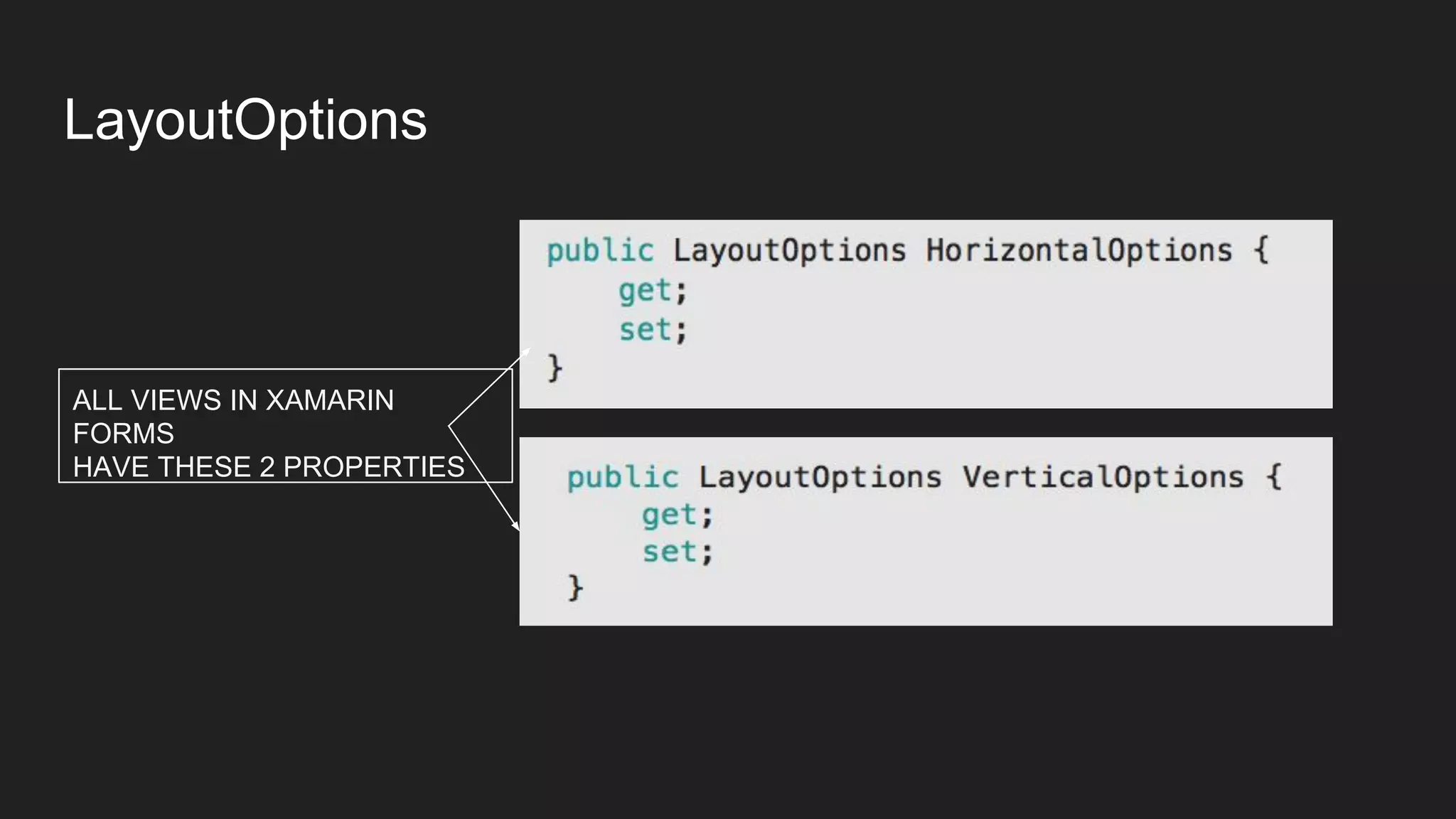 LayoutOptions
ALL VIEWS IN XAMARIN
FORMS
HAVE THESE 2 PROPERTIES
 