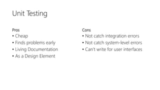 Unit Testing
Pros
• Cheap
• Finds problems early
• Living Documentation
• As a Design Element
Cons
• Not catch integration errors
• Not catch system-level errors
• Can’t write for user interfaces
 