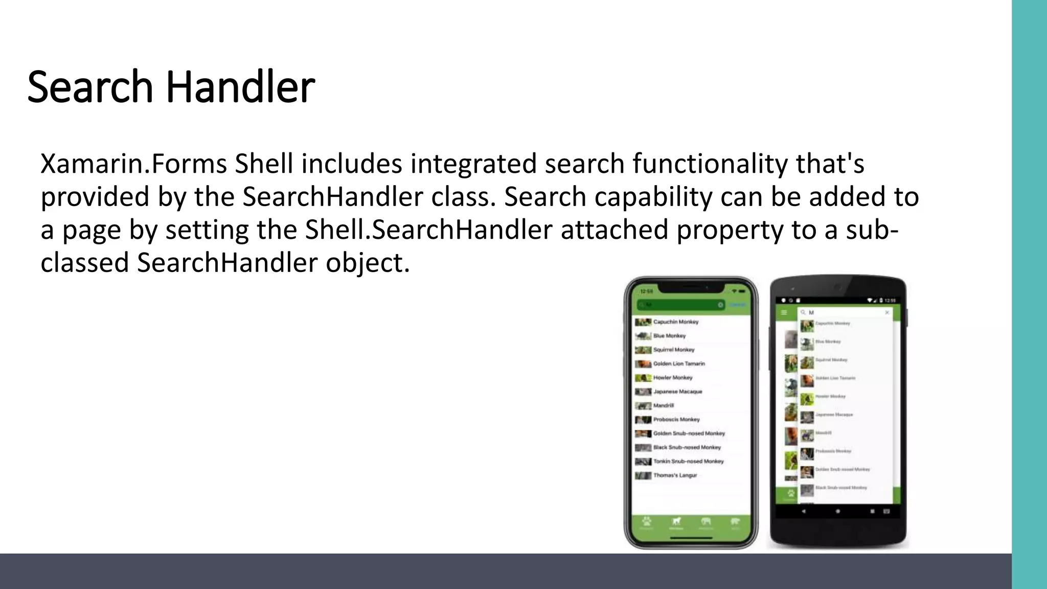 Search Handler
Xamarin.Forms Shell includes integrated search functionality that's
provided by the SearchHandler class. Search capability can be added to
a page by setting the Shell.SearchHandler attached property to a sub-
classed SearchHandler object.
 