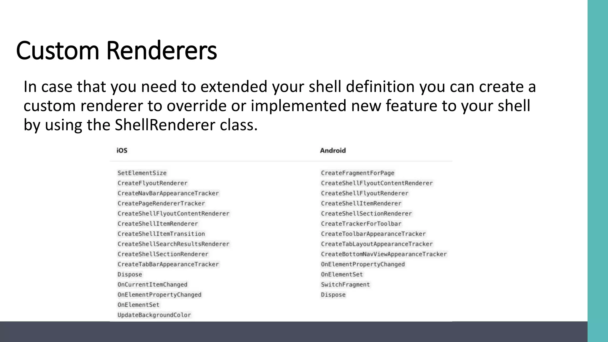 Custom Renderers
In case that you need to extended your shell definition you can create a
custom renderer to override or implemented new feature to your shell
by using the ShellRenderer class.
 