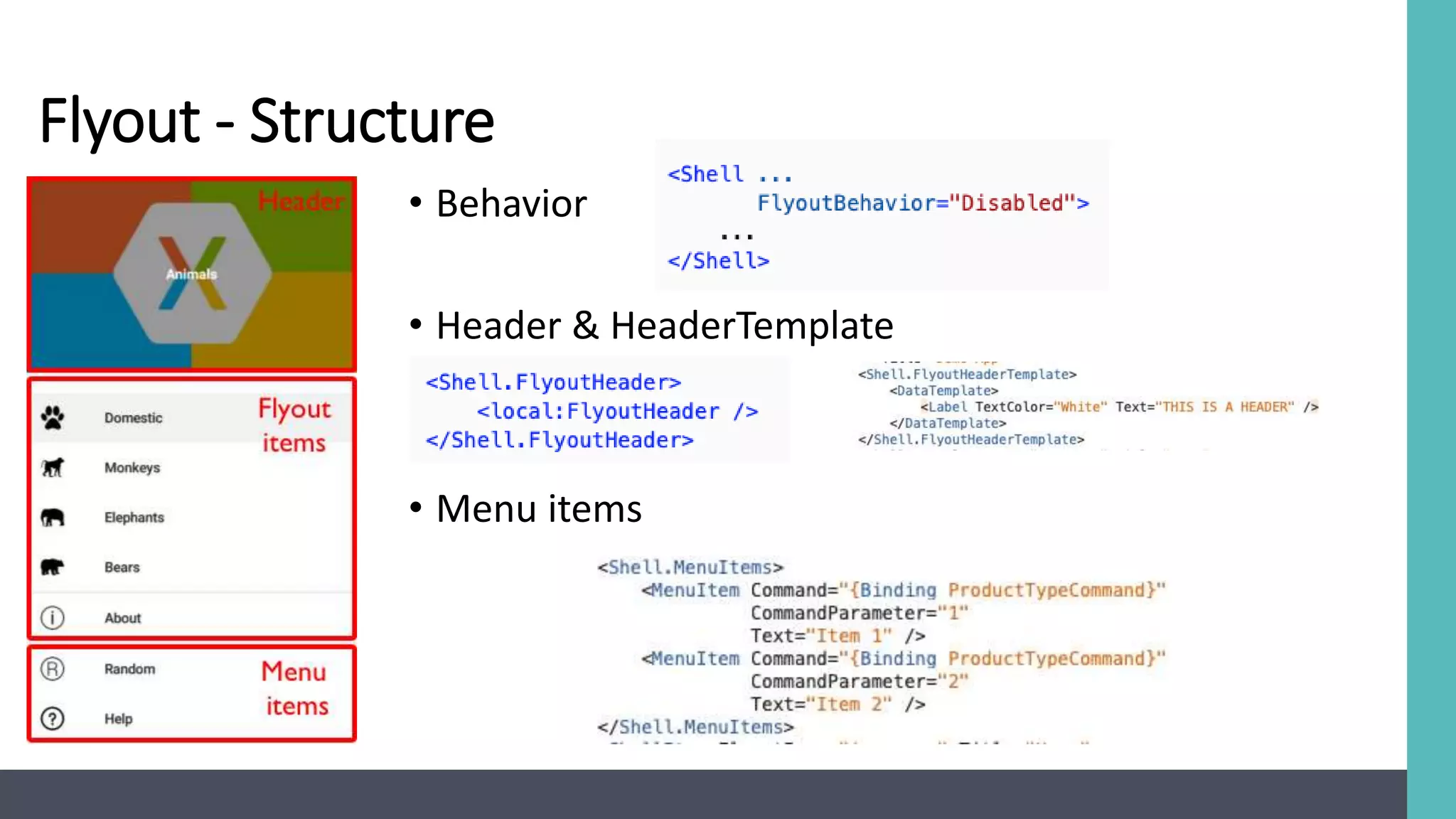 Flyout - Structure
• Behavior
• Header & HeaderTemplate
• Menu items
 