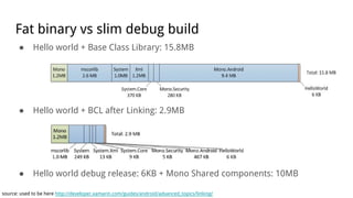 Fat binary vs slim debug build
● Hello world + Base Class Library: 15.8MB
● Hello world + BCL after Linking: 2.9MB
● Hello world debug release: 6KB + Mono Shared components: 10MB
source: used to be here http://developer.xamarin.com/guides/android/advanced_topics/linking/
 