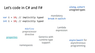 Let’s code in C# and F#
var i = 10; // implicitly typed
int i = 10; // explicitly typed
#define
preprocessor
directive
ulong, ushort
unsigned types
async/await for
asynchronous
programming
mandatory
break in switch
Lambda
expression
Generics with
runtime type
support
namespaces
properties
 