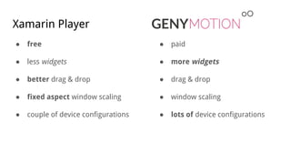 Xamarin Player
● free
● less widgets
● better drag & drop
● fixed aspect window scaling
● couple of device configurations
● paid
● more widgets
● drag & drop
● window scaling
● lots of device configurations
 