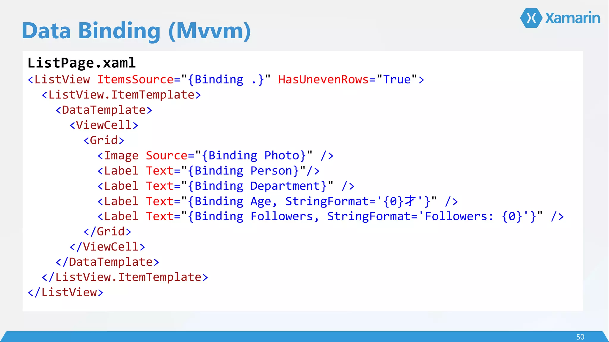 Data Binding (Mvvm)
50
ListPage.xaml
<ListView ItemsSource="{Binding .}" HasUnevenRows="True">
<ListView.ItemTemplate>
<DataTemplate>
<ViewCell>
<Grid>
<Image Source="{Binding Photo}" />
<Label Text="{Binding Person}"/>
<Label Text="{Binding Department}" />
<Label Text="{Binding Age, StringFormat='{0}才'}" />
<Label Text="{Binding Followers, StringFormat='Followers: {0}'}" />
</Grid>
</ViewCell>
</DataTemplate>
</ListView.ItemTemplate>
</ListView>
 
