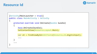 Resource Id
20
[Activity(MainLauncher = true)]
public class MainActivity : Activity
{
protected override void OnCreate(Bundle bundle)
{
base.OnCreate(bundle);
SetContentView(Resource.Layout.Main);
var et = FindViewById<EditText>(Resource.Id.digitsInput);
...
}
...
}
 