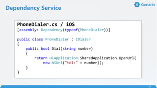Dependency Service
53
PhoneDialer.cs / iOS
[assembly: Dependency(typeof(PhoneDialer))]
public class PhoneDialer : IDialer
{
public bool Dial(string number)
{
return UIApplication.SharedApplication.OpenUrl(
new NSUrl("tel:" + number));
}
}
 