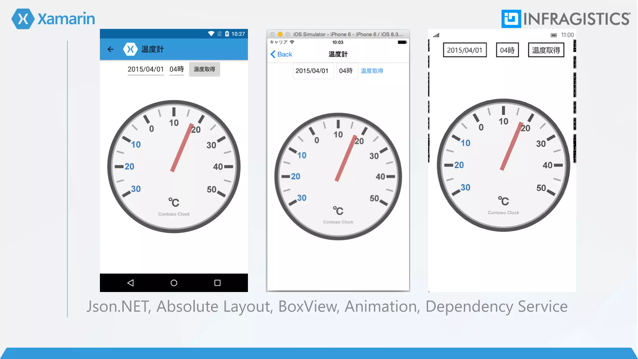 Json.NET, Absolute Layout, BoxView, Animation, Dependency Service
 