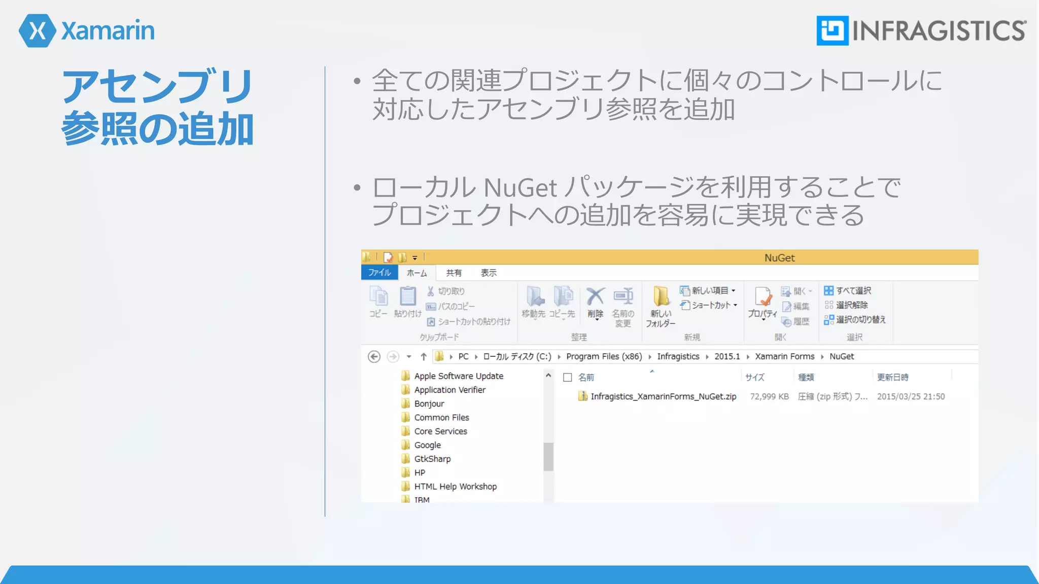 アセンブリ
参照の追加
• 全ての関連プロジェクトに個々のコントロールに
対応したアセンブリ参照を追加
• ローカル NuGet パッケージを利用することで
プロジェクトへの追加を容易に実現できる
 