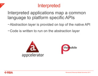 18

Interpreted
Interpreted applications map a common
language to platform specific APIs
−Abstraction layer is provided on top of the native API
−Code is written to run on the abstraction layer

Minnesota Enterprise Mobile November 2013

 