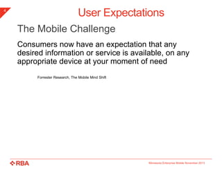 4

User Expectations
The Mobile Challenge
Consumers now have an expectation that any
desired information or service is available, on any
appropriate device at your moment of need
Forrester Research, The Mobile Mind Shift

Minnesota Enterprise Mobile November 2013

 