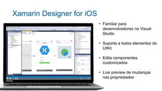 Xamarin Designer for iOS
• Familiar para
desenvolvedores no Visual
Studio
• Suporte a todos elementos do
UIKit
• Edita componentes
customizados
• Live preview de mudanças
nas propriedades
 