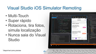 Visual Studio iOS Simulator Remoting
• Multi-Touch
• Super rápido
• Rotaciona, tira fotos,
simula localização
• Nunca saia do Visual
Studio
 