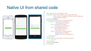 <?xml version="1.0" encoding="UTF-8"?>
<TabbedPage xmlns="http://xamarin.com/schemas/2014/forms"
xmlns:x="http://schemas.microsoft.com/winfx/2009/xaml"
x:Class="MyApp.MainPage">
<TabbedPage.Children>
<ContentPage Title="Profile" Icon="Profile.png">
<StackLayout Spacing="20" Padding="20"
VerticalOptions="Center">
<Entry Placeholder="Username"
Text="{Binding Username}"/>
<Entry Placeholder="Password"
Text="{Binding Password}"
IsPassword="true"/>
<Button Text="Login" TextColor="White"
BackgroundColor="#77D065"
Command="{Binding LoginCommand}"/>
</StackLayout>
</ContentPage>
<ContentPage Title="Settings" Icon="Settings.png">
<!-- Settings -->
</ContentPage>
</TabbedPage.Children>
</TabbedPage>
Native UI from shared code
 