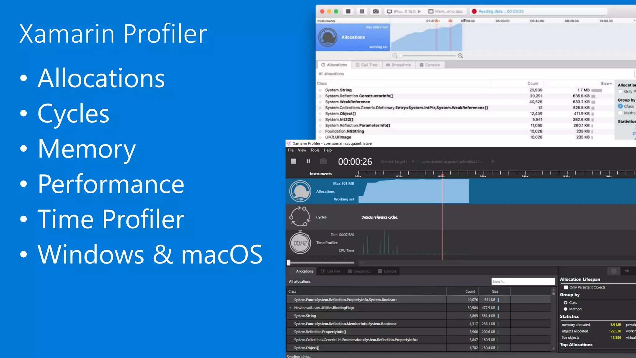 Xamarin Profiler
• Allocations
• Cycles
• Memory
• Performance
• Time Profiler
• Windows & macOS
 