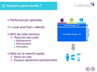 Xamarin particularité ? 
Performances optimales 
« Look and Feel » attendu 
80% de code commun 
Réduction des coûts 
Maintenance 
Recrutement 
Formation 
Mise sur le marché rapide 
Moins de code 
Equipes rapidement opérationnelles 
 