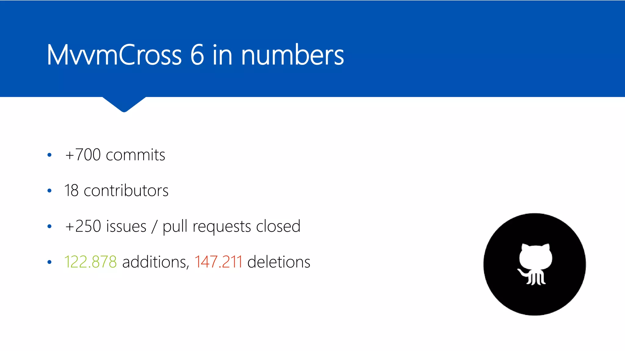 MvvmCross 6 in numbers
• +700 commits
• 18 contributors
• +250 issues / pull requests closed
• 122.878 additions, 147.211 deletions
 