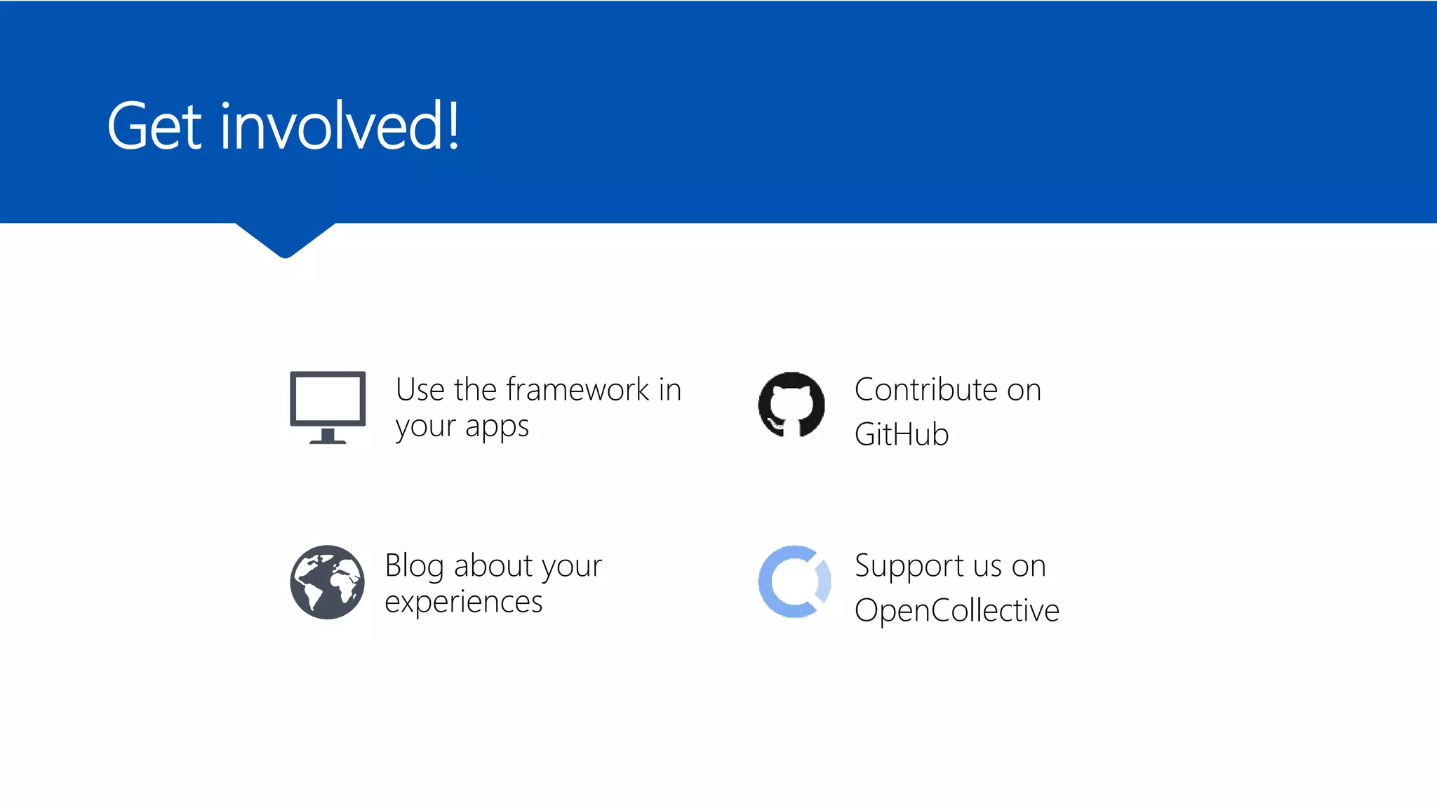 Get involved!
Use the framework in
your apps
Blog about your
experiences
Contribute on
GitHub
Support us on
OpenCollective
 