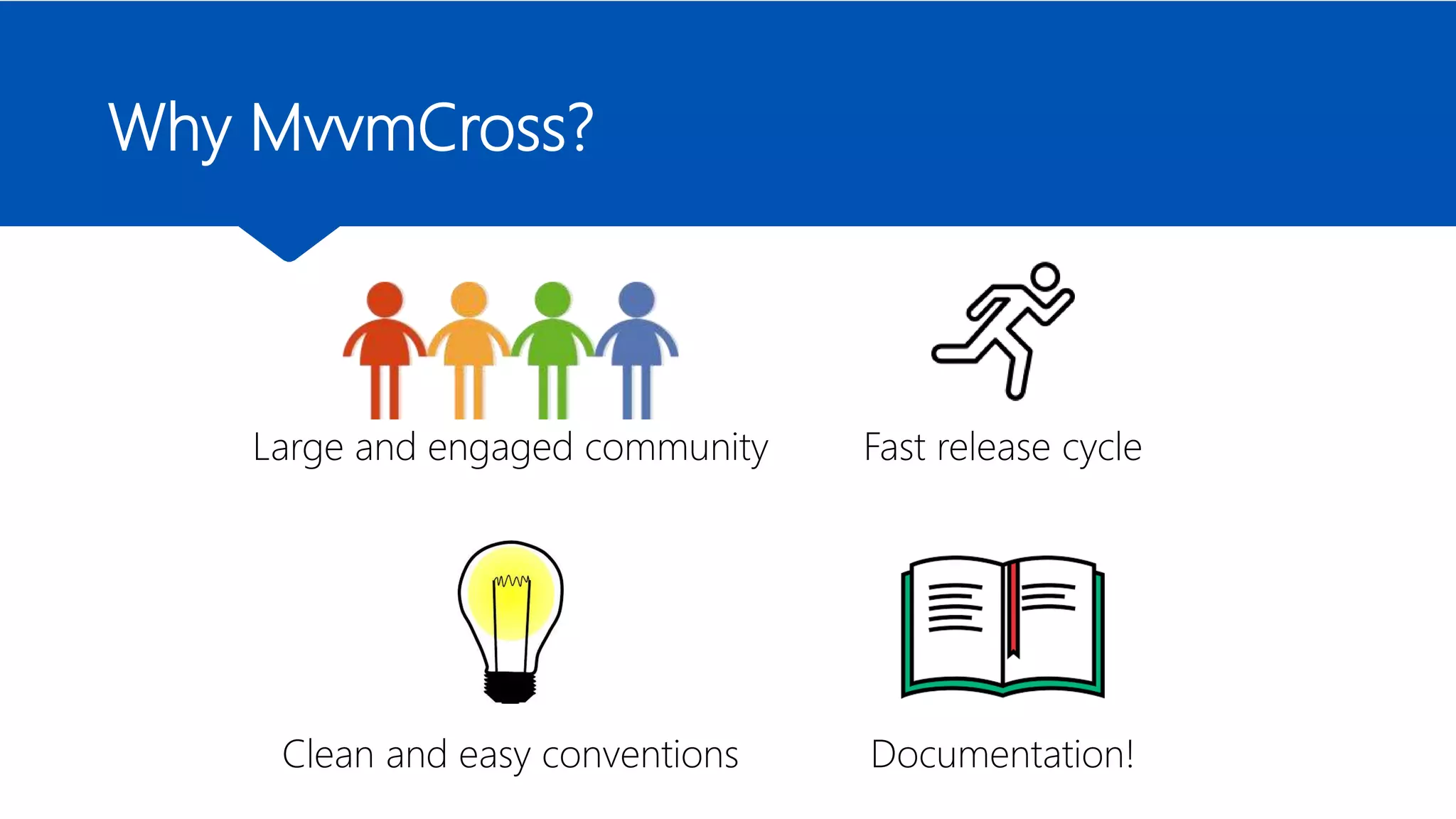 Why MvvmCross?
Large and engaged community Fast release cycle
Clean and easy conventions Documentation!
 