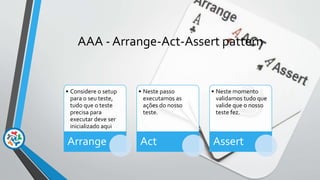 AAA - Arrange-Act-Assert pattern
• Considere o setup
para o seu teste,
tudo que o teste
precisa para
executar deve ser
inicializado aqui
Arrange
• Neste passo
executamos as
ações do nosso
teste.
Act
• Neste momento
validamos tudo que
valide que o nosso
teste fez.
Assert
 