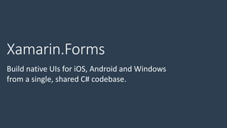 Build native UIs for iOS, Android and Windows
from a single, shared C# codebase.
 