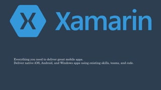 Everything you need to deliver great mobile apps.
Deliver native iOS, Android, and Windows apps using existing skills, teams, and code.
 