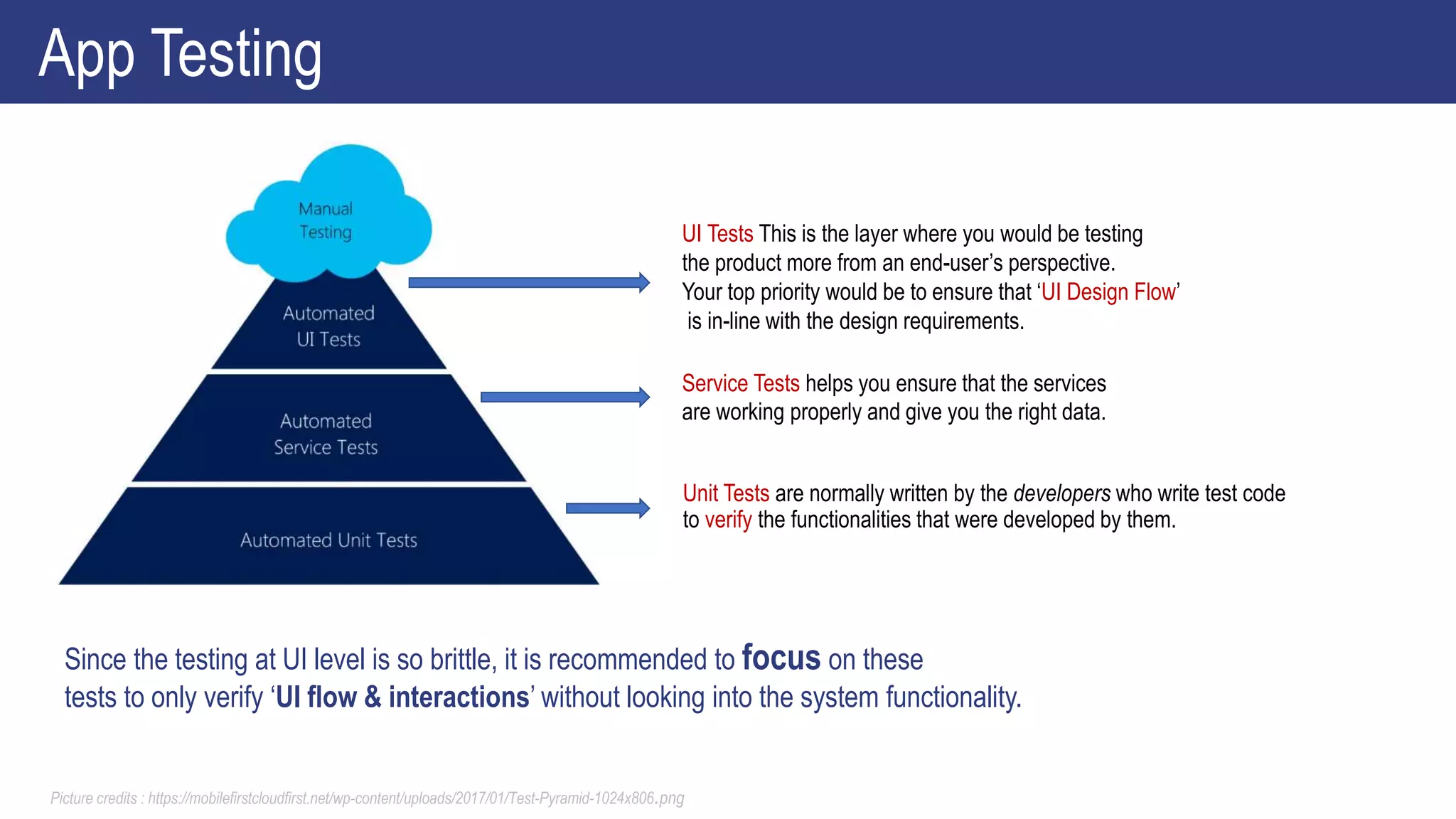 Unit Tests are normally written by the developers who write test code
to verify the functionalities that were developed by them.
Picture credits : https://mobilefirstcloudfirst.net/wp-content/uploads/2017/01/Test-Pyramid-1024x806.png
UI Tests This is the layer where you would be testing
the product more from an end-user’s perspective.
Your top priority would be to ensure that ‘UI Design Flow’
is in-line with the design requirements.
App Testing
Since the testing at UI level is so brittle, it is recommended to focus on these
tests to only verify ‘UI flow & interactions’ without looking into the system functionality.
Service Tests helps you ensure that the services
are working properly and give you the right data.
 