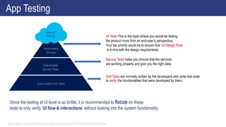 Unit Tests are normally written by the developers who write test code
to verify the functionalities that were developed by them.
Picture credits : https://mobilefirstcloudfirst.net/wp-content/uploads/2017/01/Test-Pyramid-1024x806.png
UI Tests This is the layer where you would be testing
the product more from an end-user’s perspective.
Your top priority would be to ensure that ‘UI Design Flow’
is in-line with the design requirements.
App Testing
Since the testing at UI level is so brittle, it is recommended to focus on these
tests to only verify ‘UI flow & interactions’ without looking into the system functionality.
Service Tests helps you ensure that the services
are working properly and give you the right data.
 