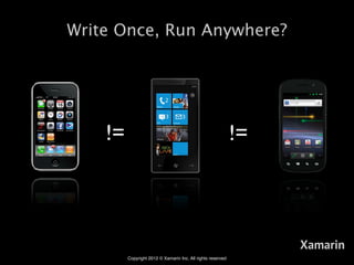 Write Once, Run Anywhere?




    !=                                                       !=



                                                                  Xamarin
         Copyright 2012 © Xamarin Inc. All rights reserved
 