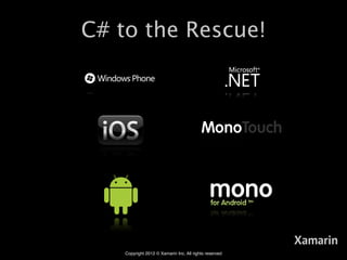 C# to the Rescue!




                                                        Xamarin
    Copyright 2012 © Xamarin Inc. All rights reserved
 