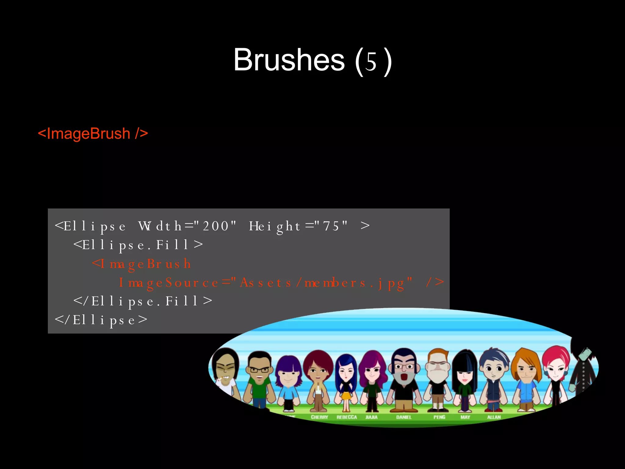 Brushes  ( 5 ) <ImageBrush /> <Ellipse Width="200" Height="75" > <Ellipse.Fill> <ImageBrush  ImageSource="Assets/members.jpg" /> </Ellipse.Fill> </Ellipse> 
