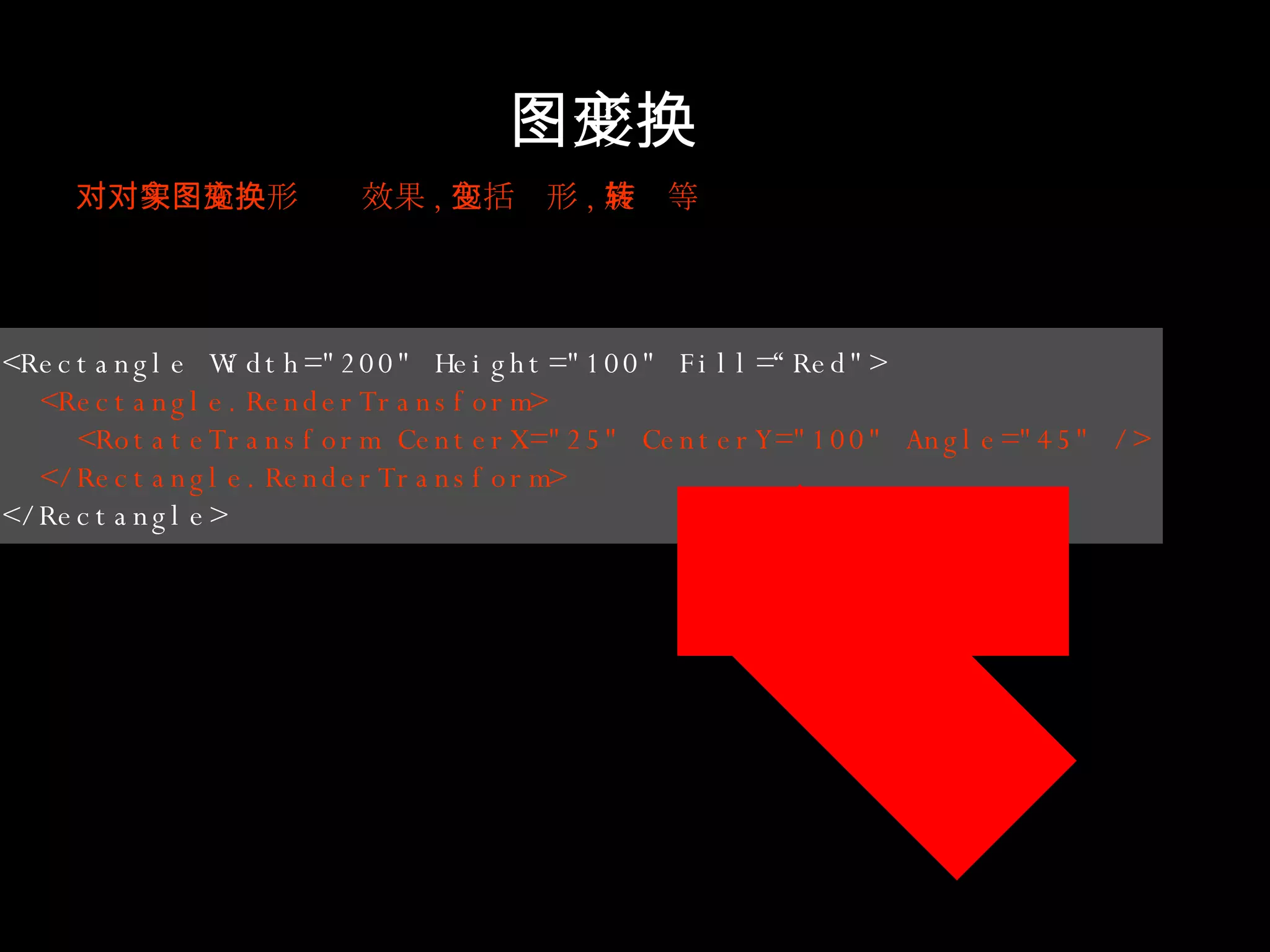 图形变换 对对象实施图形变换效果 , 包括变形 , 旋转等 <Rectangle Width="200" Height="100" Fill=“Red"> <Rectangle.RenderTransform> <RotateTransform CenterX="25" CenterY="100" Angle="45" /> </Rectangle.RenderTransform> </Rectangle> 