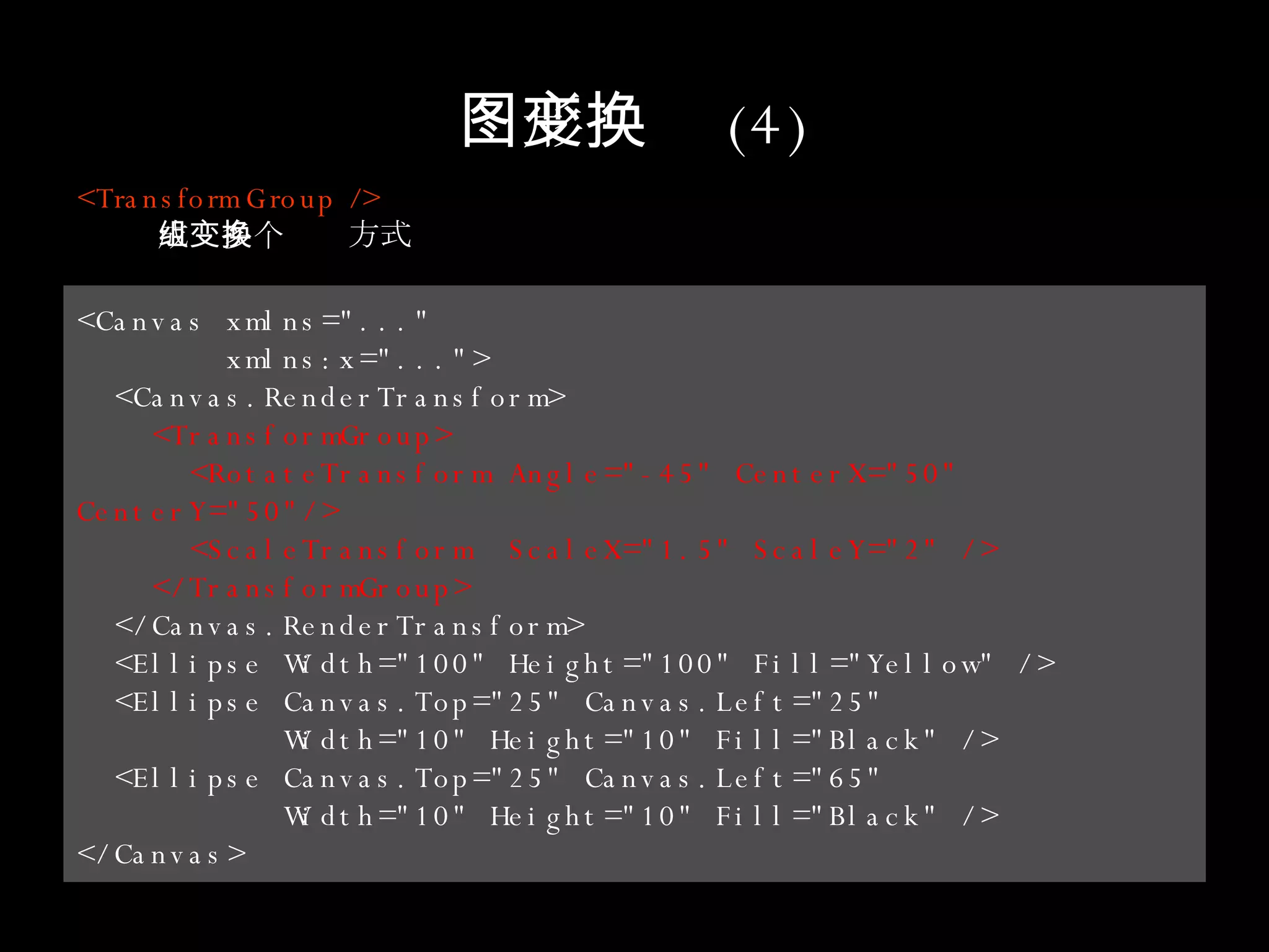 图形变换 (4) <TransformGroup /> 成组多个变换方式 <Canvas xmlns="..." xmlns:x="..."> <Canvas.RenderTransform> <TransformGroup> <RotateTransform Angle="-45" CenterX="50" CenterY="50"/> <ScaleTransform  ScaleX="1.5" ScaleY="2" /> </TransformGroup> </Canvas.RenderTransform> <Ellipse Width="100" Height="100" Fill="Yellow" /> <Ellipse Canvas.Top="25" Canvas.Left="25"  Width="10" Height="10" Fill="Black" /> <Ellipse Canvas.Top="25" Canvas.Left="65"  Width="10" Height="10" Fill="Black" /> </Canvas> 