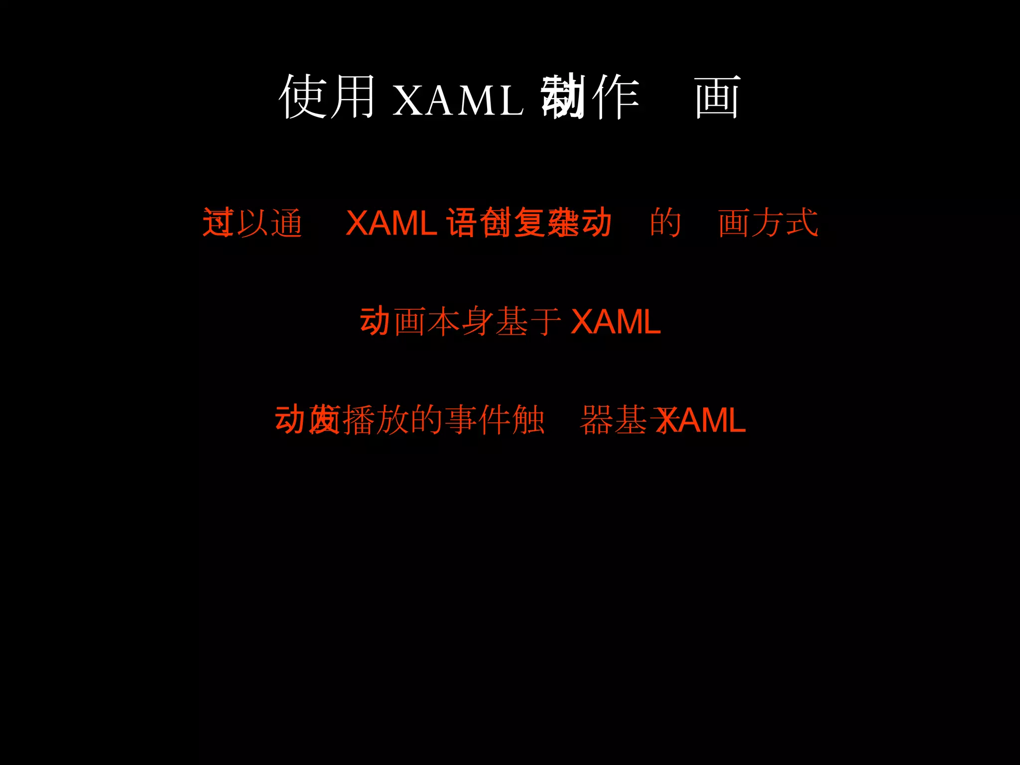 使用 XAML 制作动画 可以通过 XAML 语言创建复杂的动画方式 动画本身基于 XAML 动画播放的事件触发器基于 XAML 