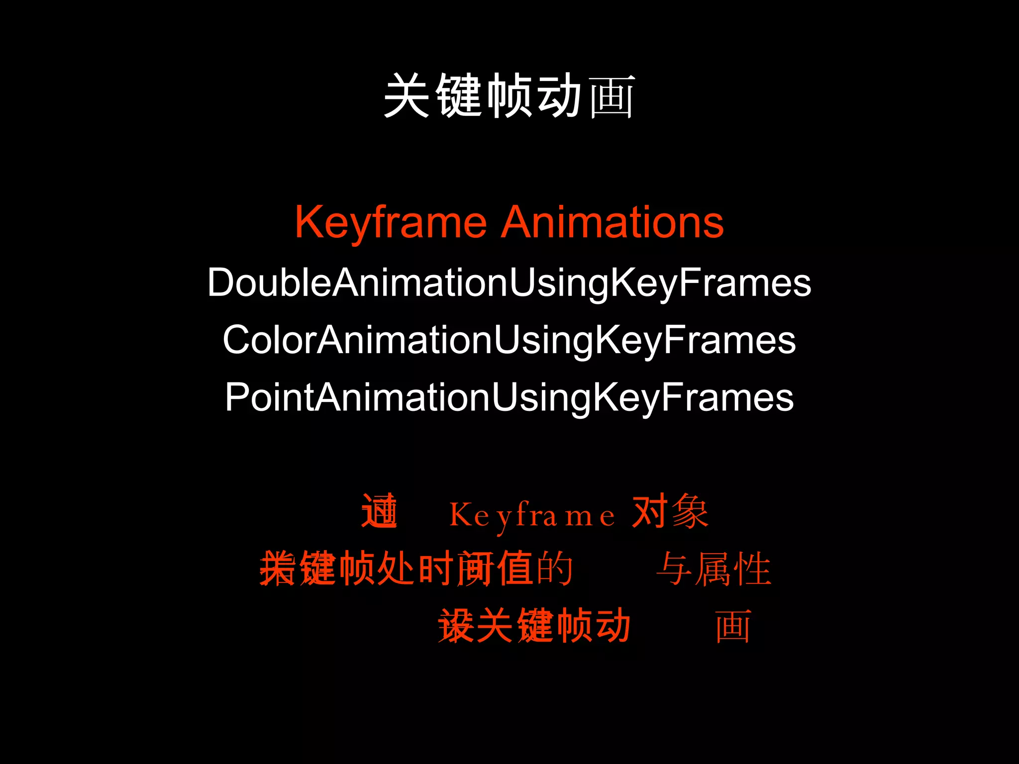 关键帧动画 Keyframe Animations DoubleAnimationUsingKeyFrames ColorAnimationUsingKeyFrames PointAnimationUsingKeyFrames 通过 Keyframe 对象 指定关键帧所处的时间与属性值 来设定关键帧动画 