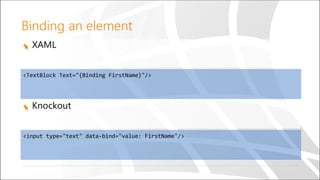 Binding an element
XAML
<TextBlock Text="{Binding FirstName}"/>
Knockout
<input type="text" data-bind="value: FirstName"/>
 