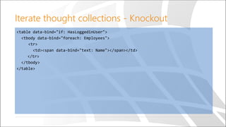 Iterate thought collections - Knockout
<table data-bind="if: HasLoggedinUser">
<tbody data-bind="foreach: Employees">
<tr>
<td><span data-bind="text: Name"></span></td>
</tr>
</tbody>
</table>
 