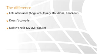 The difference
Lots of libraries (AngularJS,Jquery, BackBone, Knockout)
Doesn’t compile
Doesn’t have MVVM Features
 