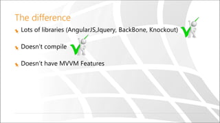 The difference
Lots of libraries (AngularJS,Jquery, BackBone, Knockout)
Doesn’t compile
Doesn’t have MVVM Features
 