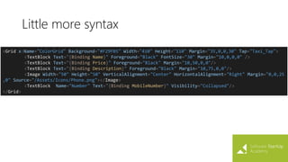 Little more syntax
<Grid x:Name="ColorGrid" Background="#F29F05" Width="410" Height="110" Margin="35,0,0,30" Tap="Taxi_Tap">
<TextBlock Text="{Binding Name}" Foreground="Black" FontSize="30" Margin="10,0,0,0" />
<TextBlock Text="{Binding Price}" Foreground="Black" Margin="10,50,0,0"/>
<TextBlock Text="{Binding Description}" Foreground="Black" Margin="10,75,0,0"/>
<Image Width="50" Height="50" VerticalAlignment="Center" HorizontalAlignment="Right" Margin="0,0,25
,0" Source="/Assets/Icons/Phone.png"></Image>
<TextBlock Name="Number" Text="{Binding MobileNumber}" Visibility="Collapsed"/>
</Grid>
 