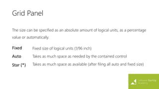 Grid Panel
The size can be specified as an absolute amount of logical units, as a percentage
value or automatically.
Fixed Fixed size of logical units (1/96 inch)
Auto Takes as much space as needed by the contained control
Star (*) Takes as much space as available (after filing all auto and fixed size)
 