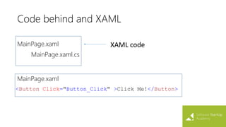 Code behind and XAML
MainPage.xaml
MainPage.xaml.cs
XAML code
<Button Click="Button_Click" >Click Me!</Button>
MainPage.xaml
 